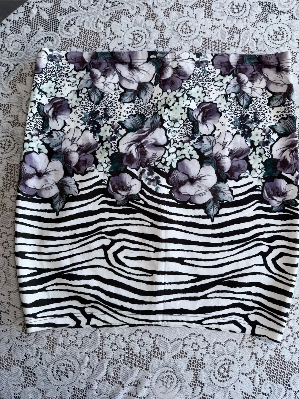 Milani Black & White Zebra Floral Pencil Skirt with Purple Accents